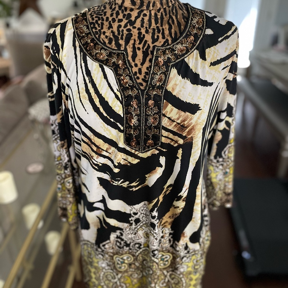 JM Collection Zebra Print Top with Yellow Accents